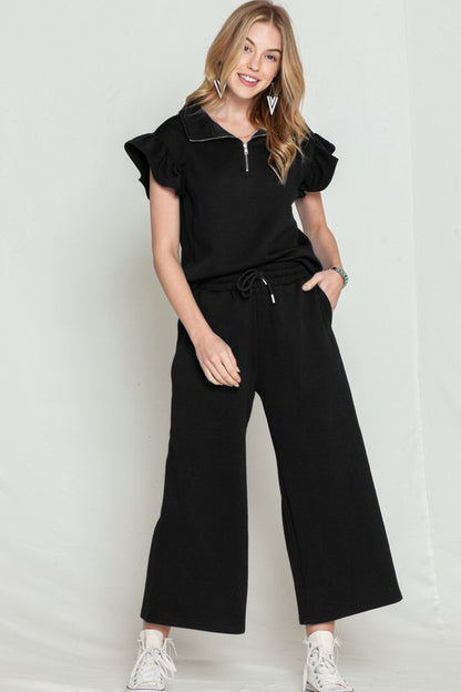 Ruffled Cap Sleeve Top Wide Leg Pants Set