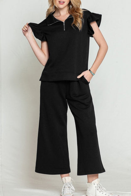 Ruffled Cap Sleeve Top Wide Leg Pants Set
