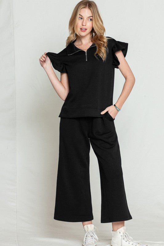 Ruffled Cap Sleeve Top Wide Leg Pants Set