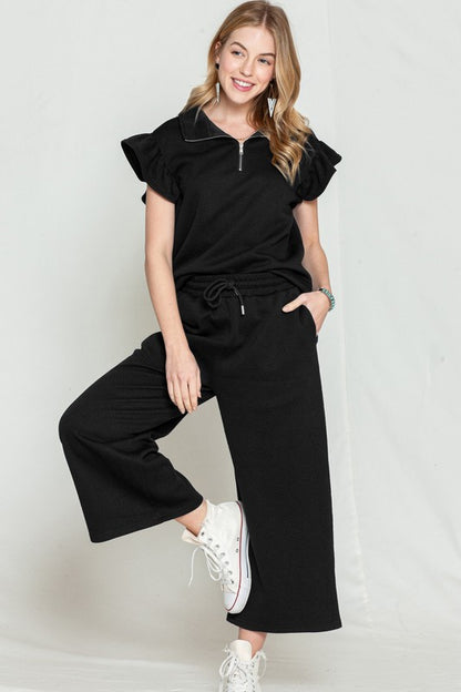 Ruffled Cap Sleeve Top Wide Leg Pants Set